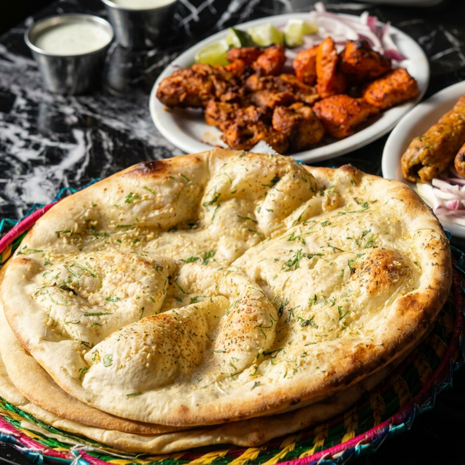 Stack of herb-topped naan breads with grilled kebabs, fried appetizers, salad, lime, and dipping sauces on a marble table.