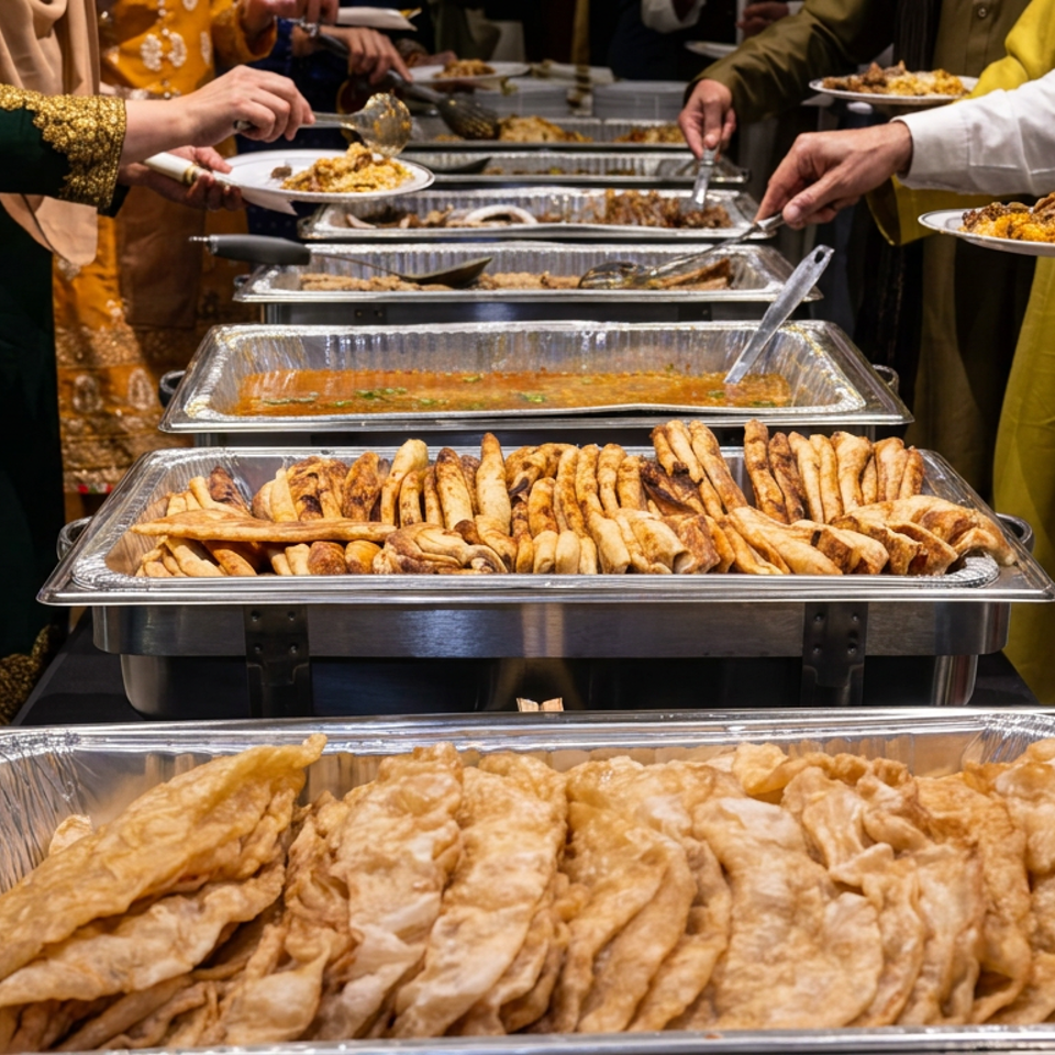 Guests serve themselves from buffet trays filled with golden fried pastries and savory dishes.