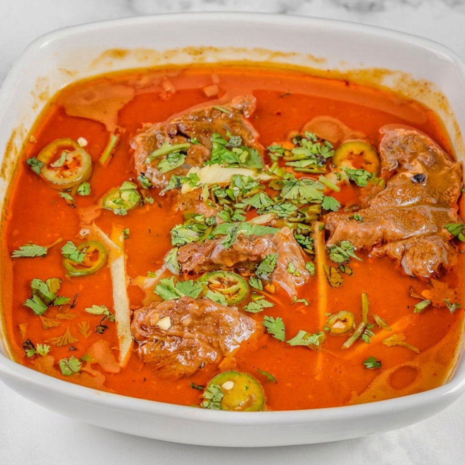 Bowl of red, spicy curry with tender meat pieces, sliced green chilies, and fresh cilantro on a marble surface.