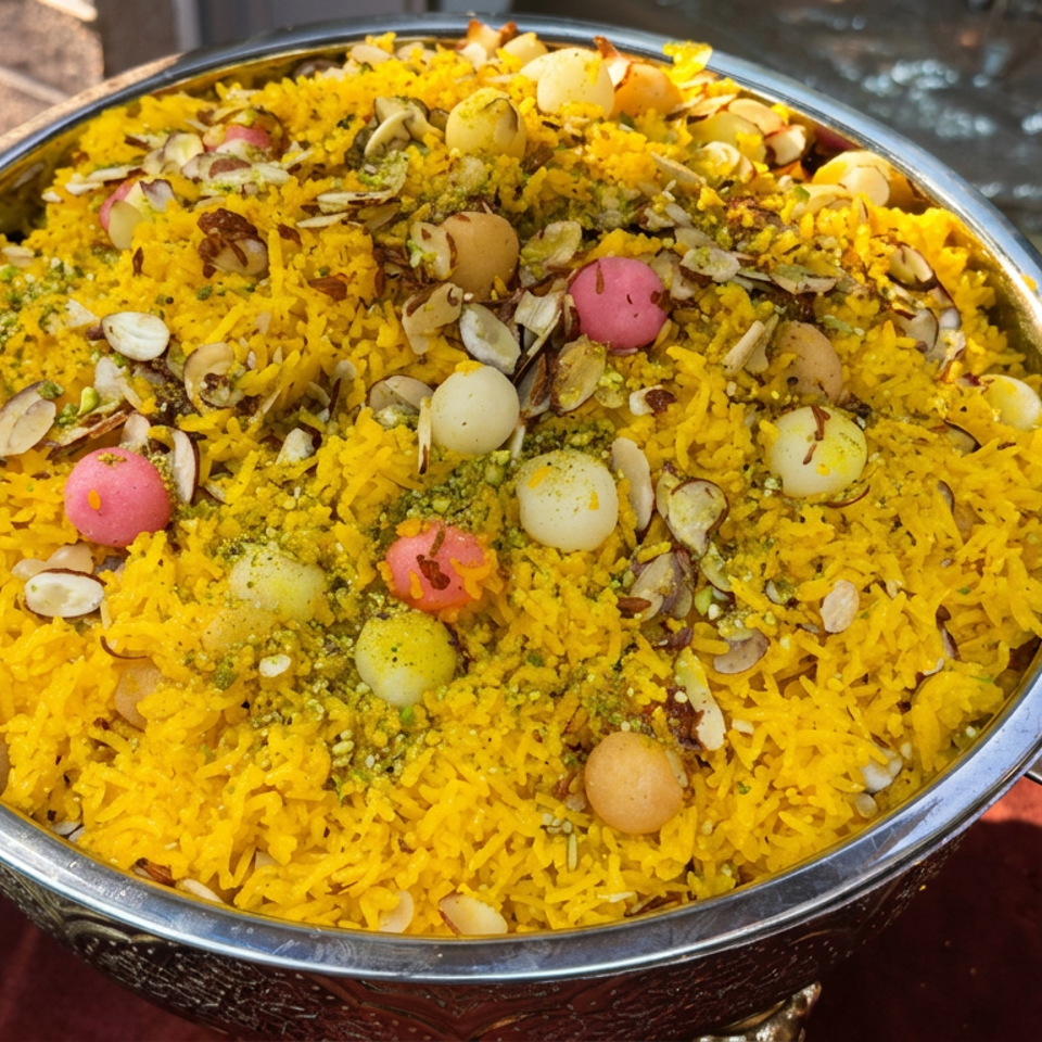 Large serving dish of yellow spiced rice topped with nuts, seeds, green sauce, and colorful round sweets.