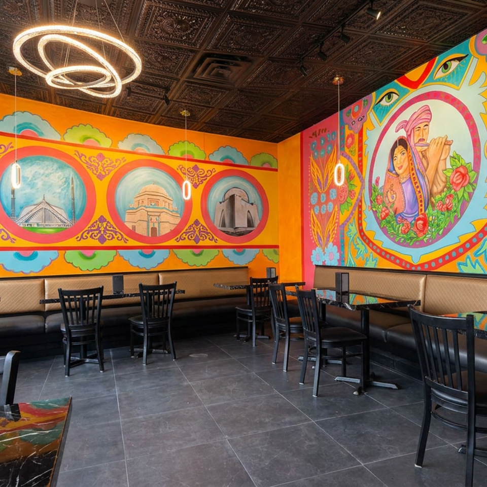 Colorful restaurant dining room with black tables, chairs, booths, ornate ceiling, and vibrant murals depicting architecture, flowers, and people.