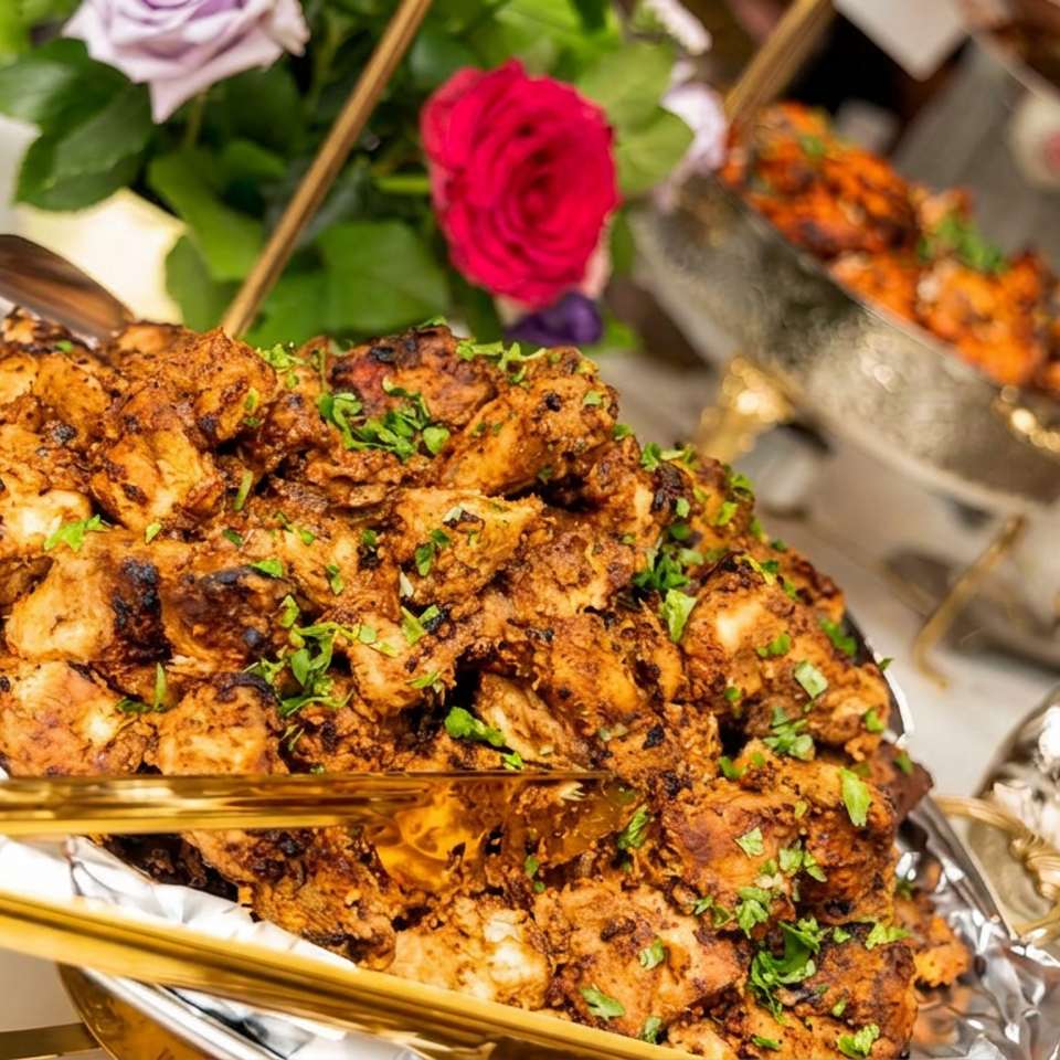 A silver platter holds grilled, spiced chicken pieces garnished with cilantro, alongside ornate tableware and flowers.