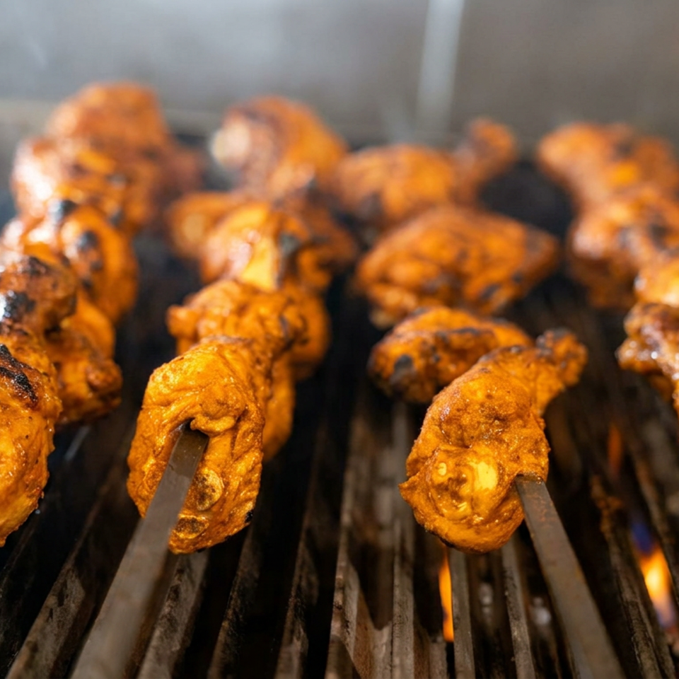 Orange-marinated chicken skewers grilling over open flames on a hot charcoal grill.