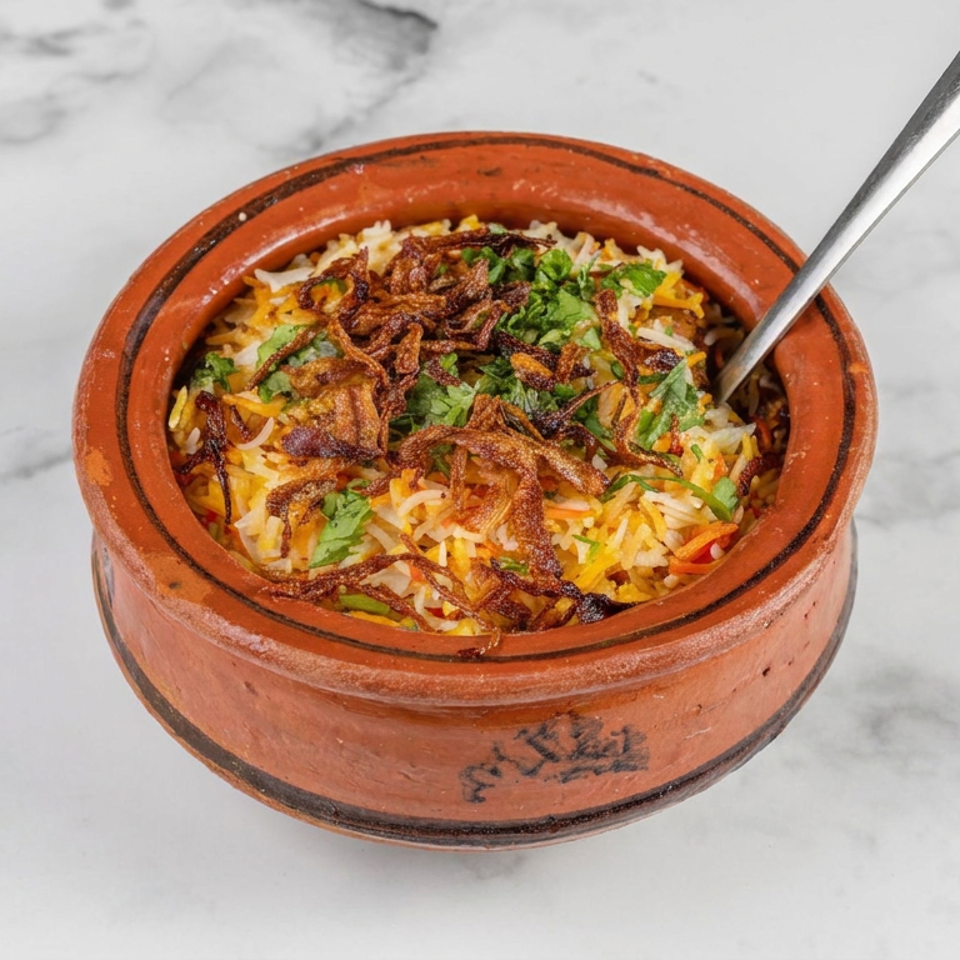 Clay pot of aromatic biryani rice topped with fried onions and fresh cilantro, served with a spoon on a marble surface.