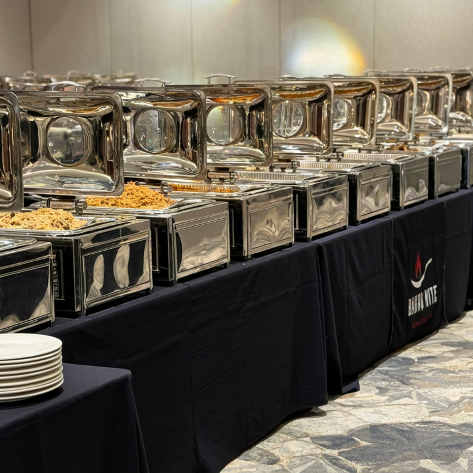 Buffet table with polished chafing dishes, prepared food, stacked plates, and black catering linens in a spacious venue.