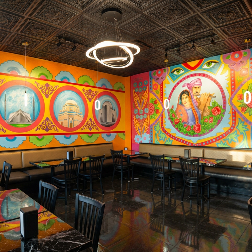 Colorful restaurant dining room with Indian-inspired murals, patterned ceiling, pendant lights, booths, and empty tables.