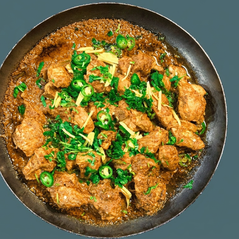 Spicy chicken curry topped with sliced green chilies, fresh herbs, and ginger in a black skillet.