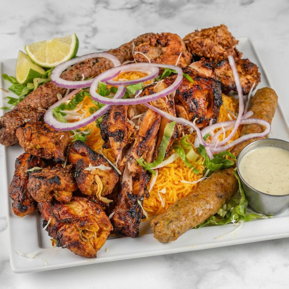Indian mixed grill platter with grilled meats, tandoori chicken, seekh kebab, rice, salad, lime wedges, and creamy dipping sauce.