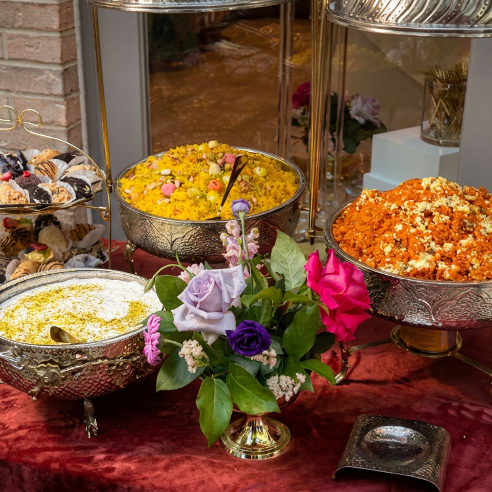 Decorative buffet displays ornate bowls of colorful Middle Eastern sweets beside pastries and a floral arrangement on red velvet.