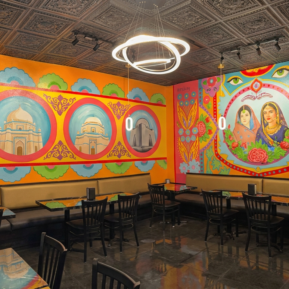 Colorful restaurant dining room with ornate ceiling, black tables and chairs, and vibrant murals depicting architecture, flowers, and women.
